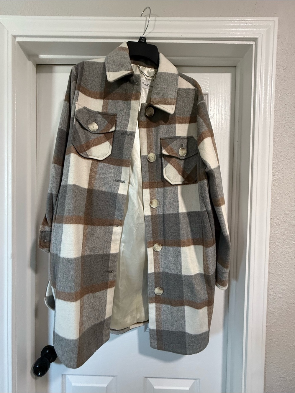 Calvin Klein Gray, White & Brown Plaid Long Shacket